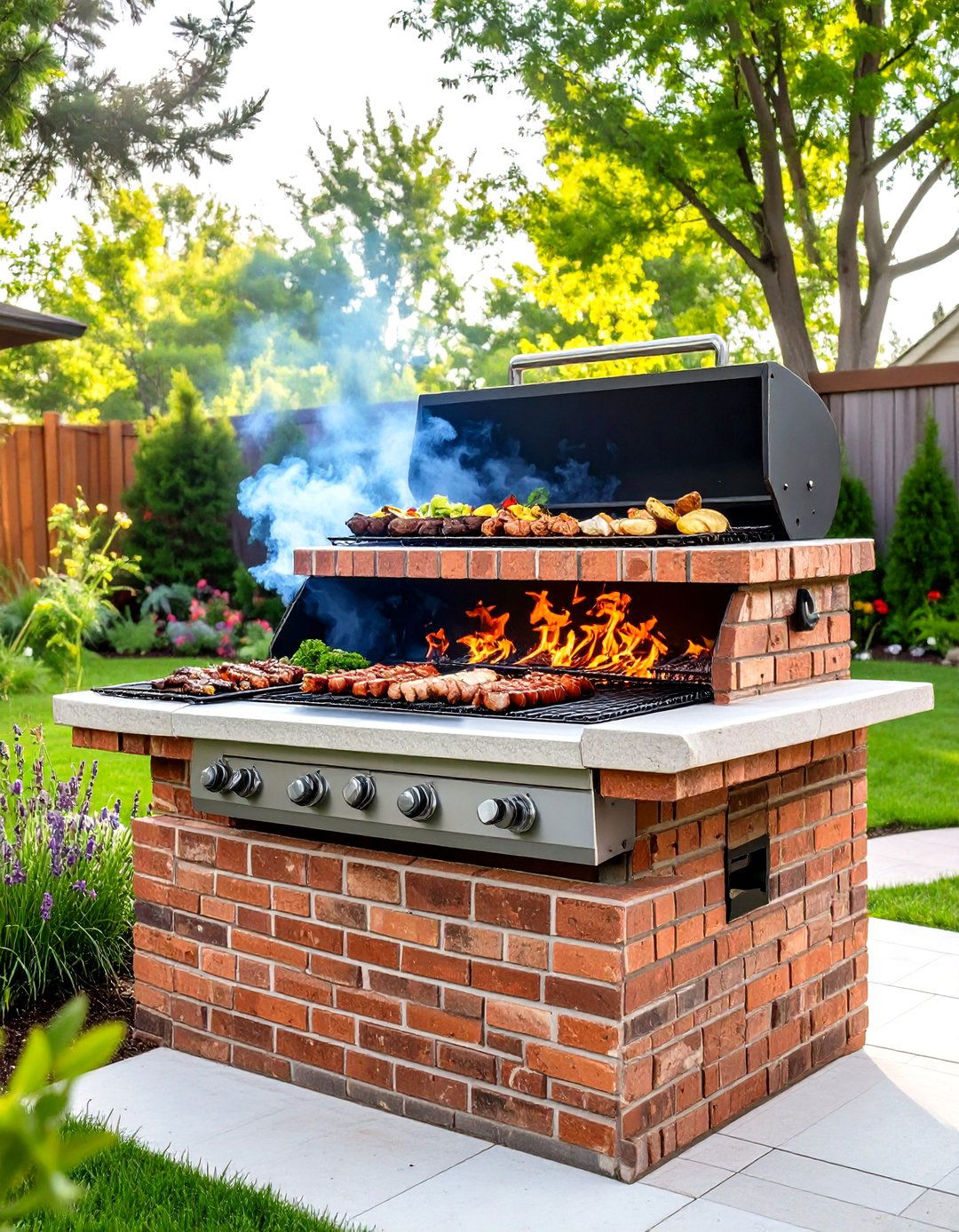 Two Tiered Outdoor Brick BBQ with a Warming Rack - 30 outdoor brick bbq designs pictures