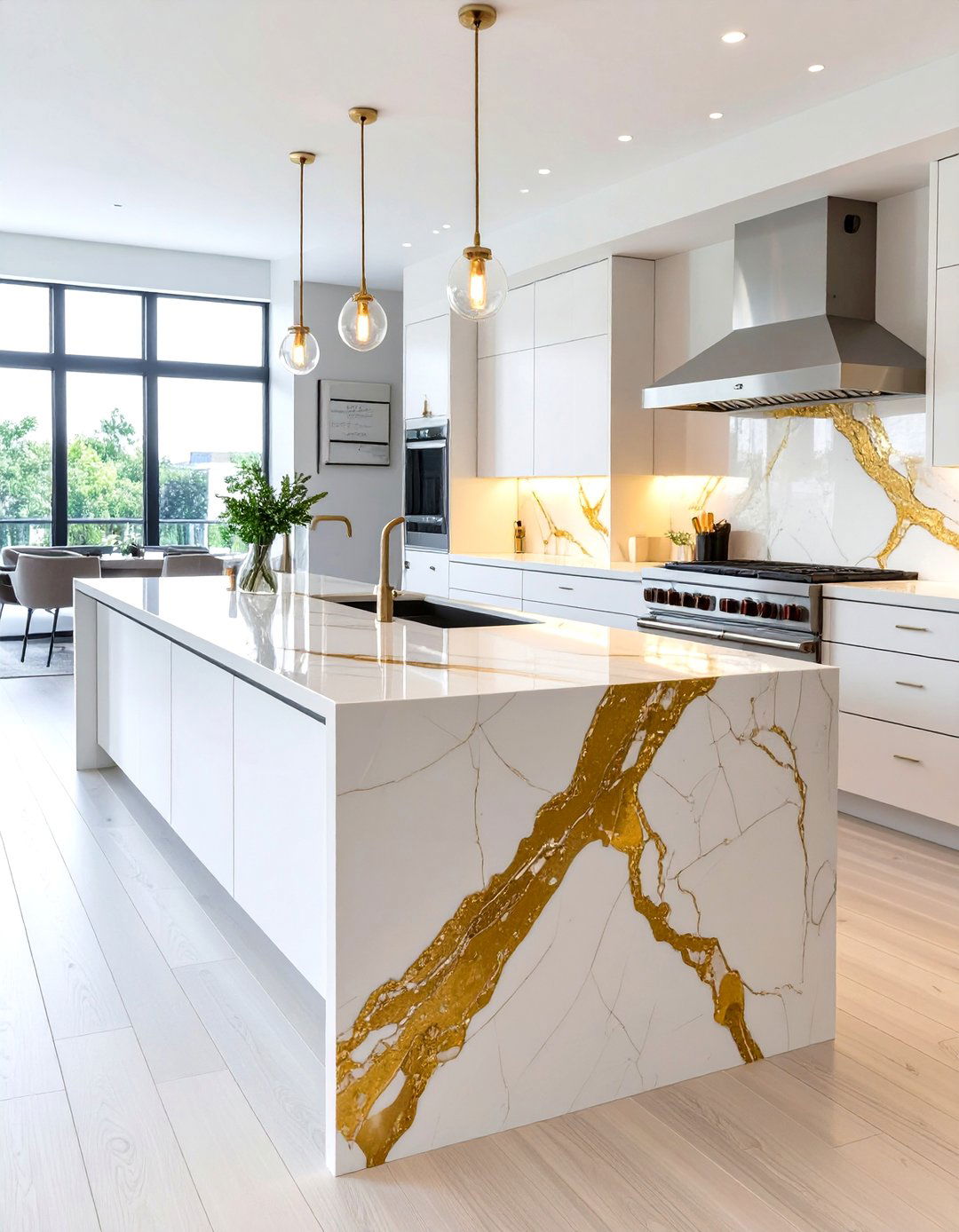 U Shaped Kitchen Featuring a Waterfall Countertop - 30 u shaped kitchen designs