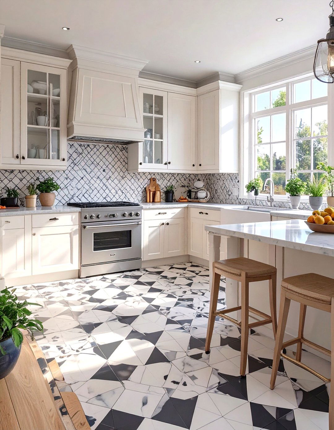 U Shaped Kitchen with Patterned Floor Tiles - 30 u shaped kitchen designs
