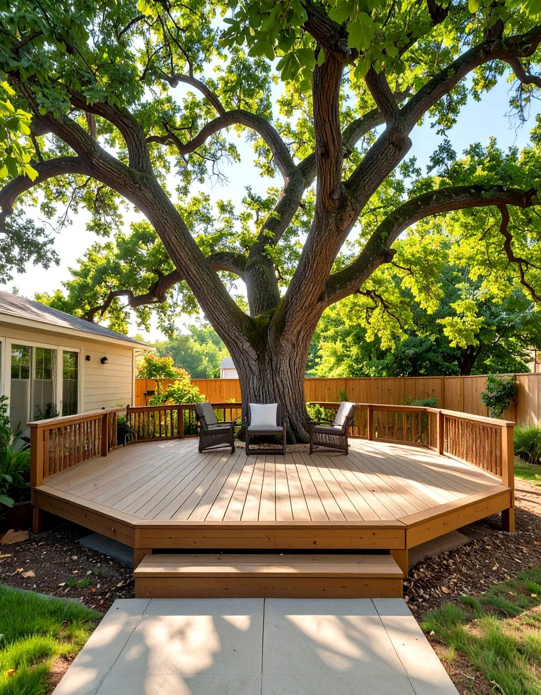 U Shaped Small Deck Around a Tree - 30 small deck ideas on a budget