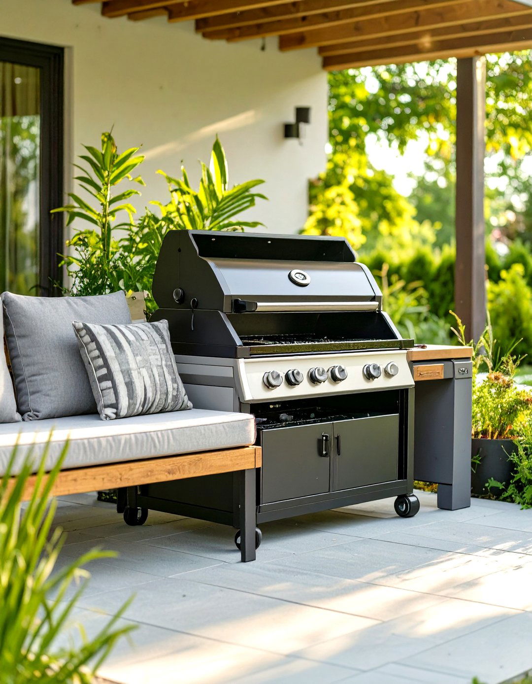 Under Bench Grill Storage Solution - 30 small patio grill ideas