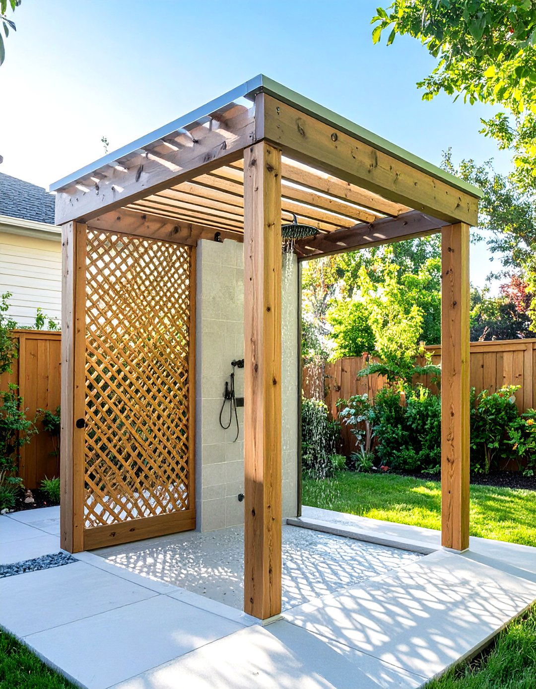 Under Deck Lattice with an Outdoor Shower Enclosure - 30 under deck lattice ideas