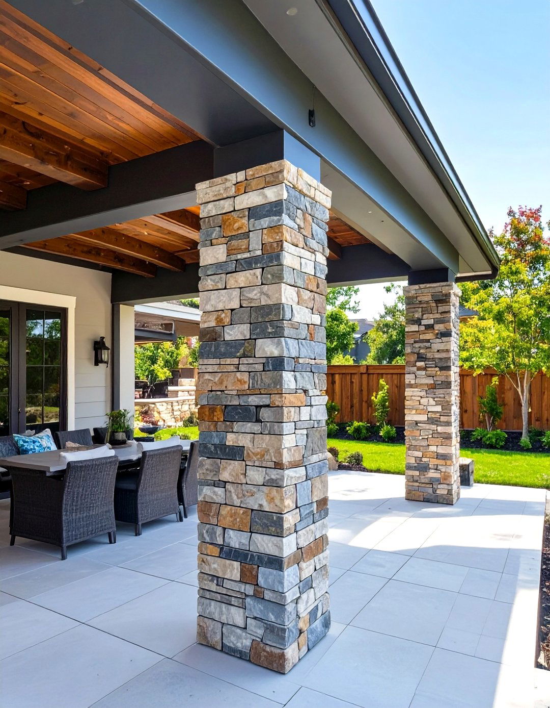 Under Deck Patio with Decorative Column Wraps - 30 under deck patio ideas