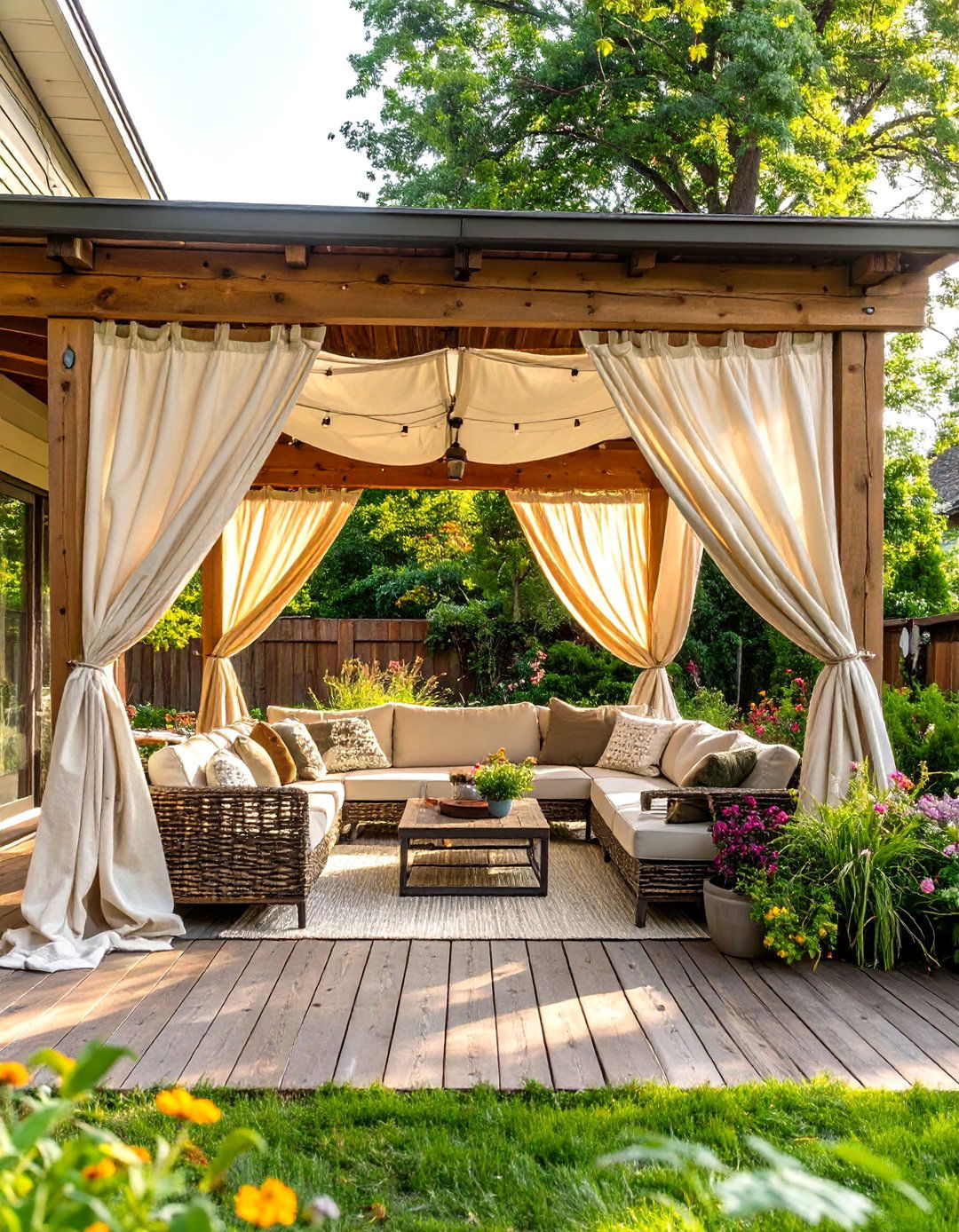 Under Deck Patio with Privacy Screens or Curtains - 30 under deck patio ideas