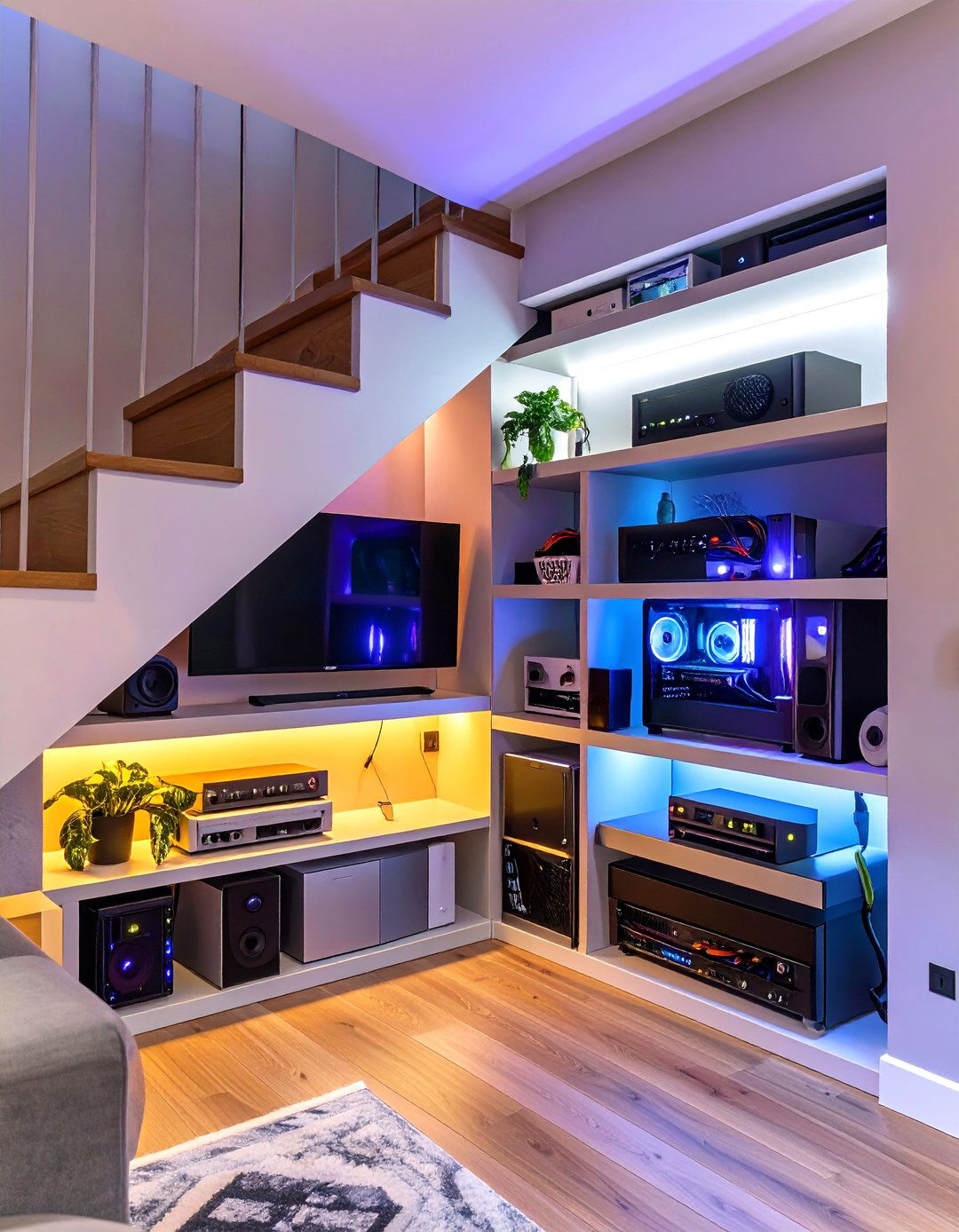Under Stair Electronics and Media Closet - 30 under stair closet storage ideas