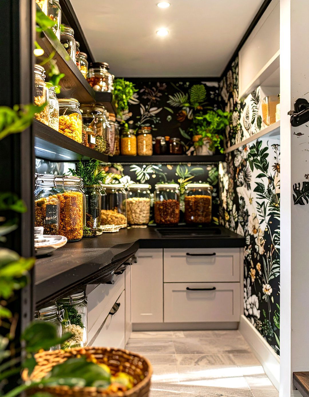 Under Stairs Pantry with Wallpapered Interior - 30 under stairs pantry ideas