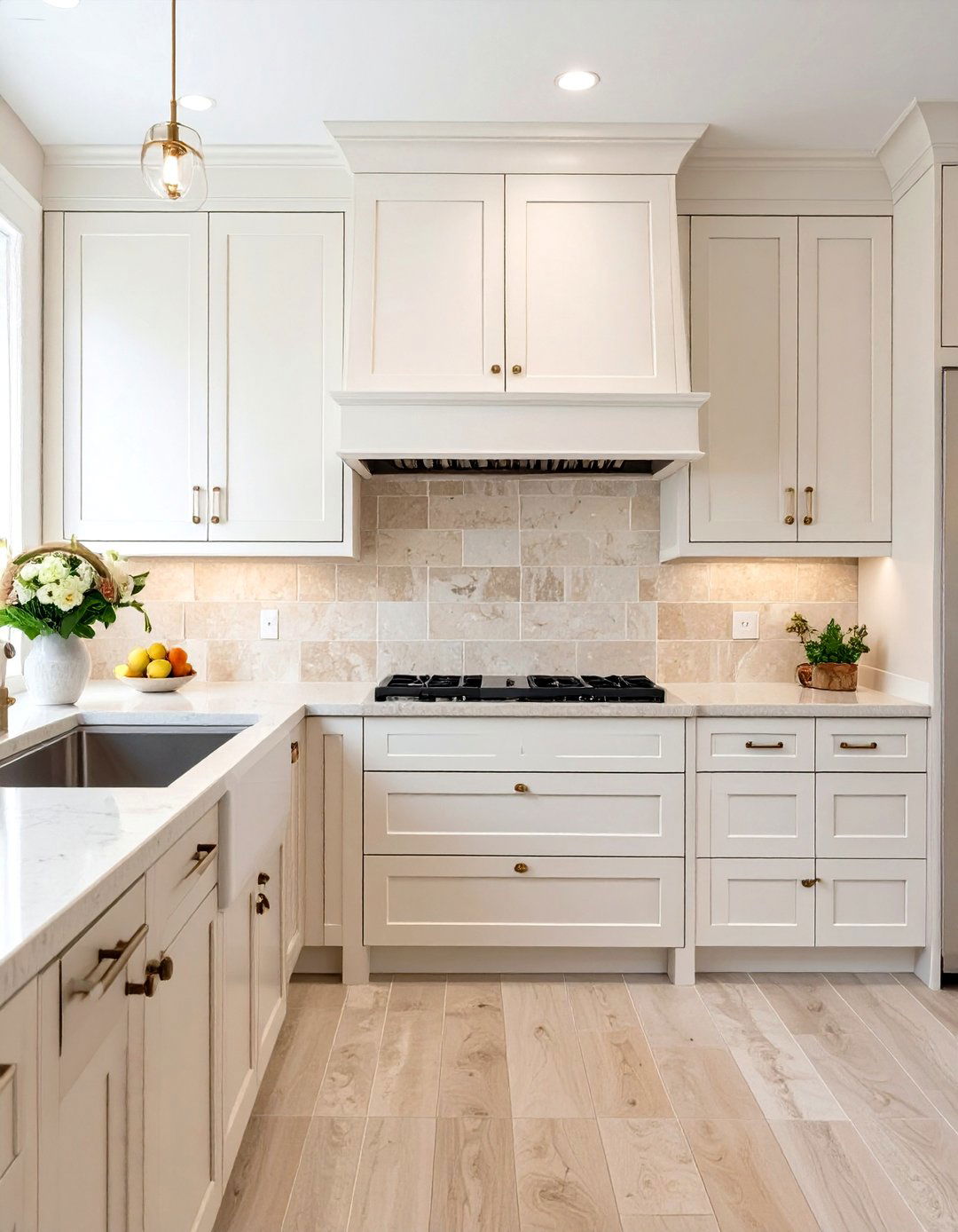 Understated Limestone Tile Backsplash - 30 white cabinet kitchen backsplash ideas