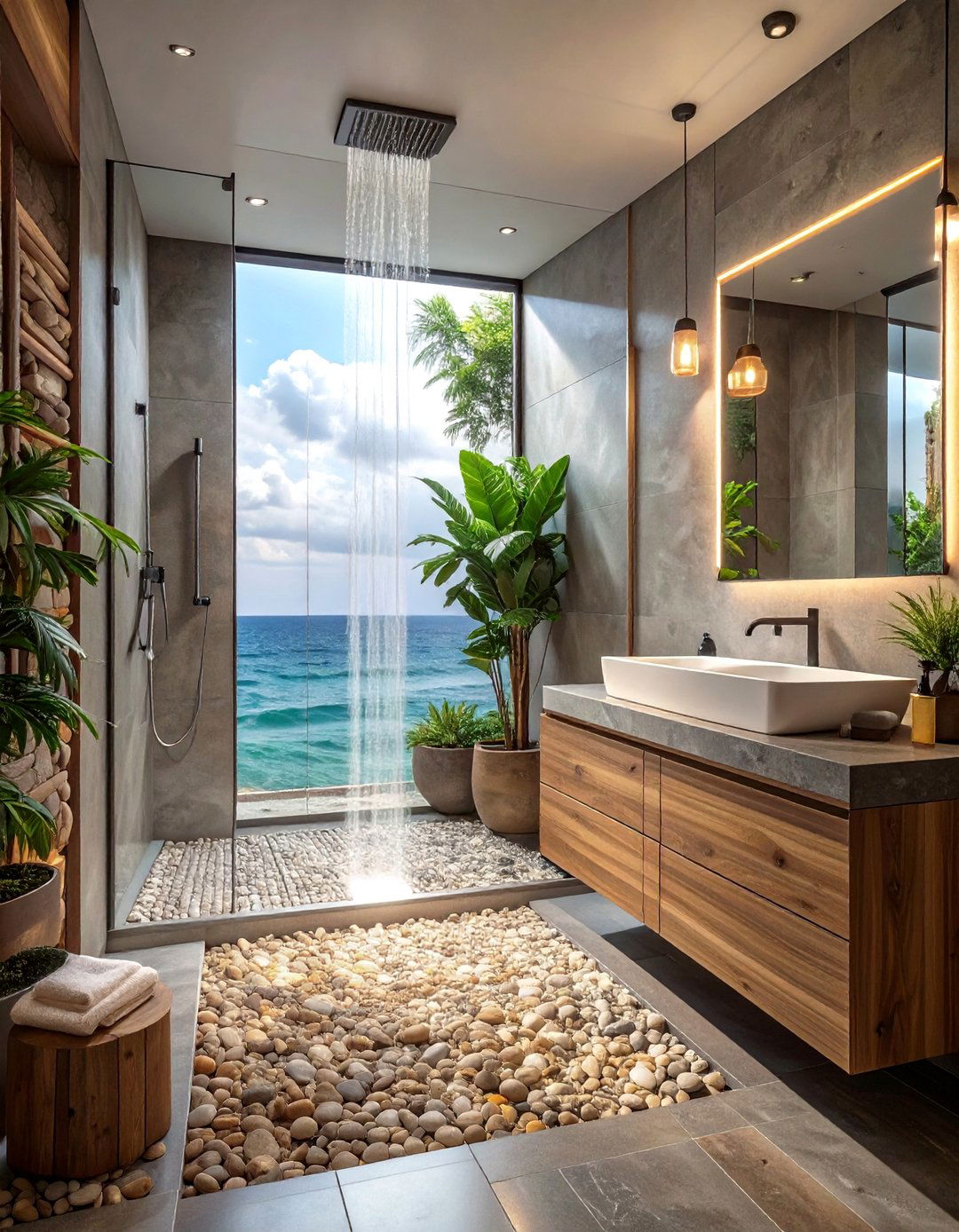 Understated Pebble Floor Bathroom - 30 beach bathroom ideas
