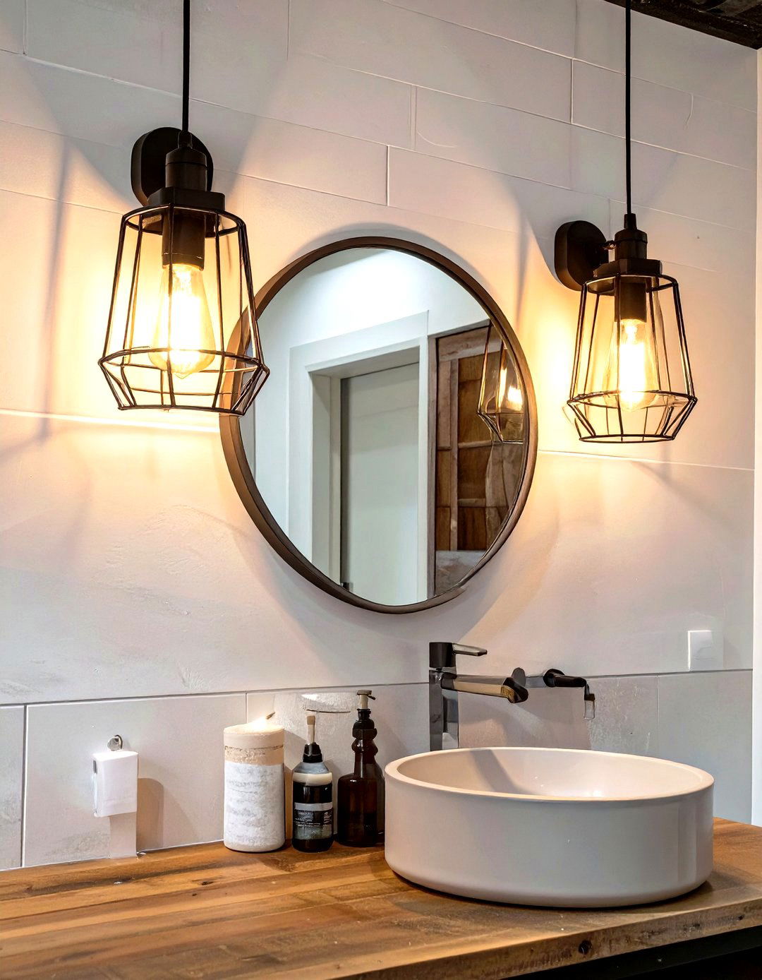 Unfinished Basement Bathroom with Industrial Cage Light Fixtures - 30 unfinished basement bathroom ideas