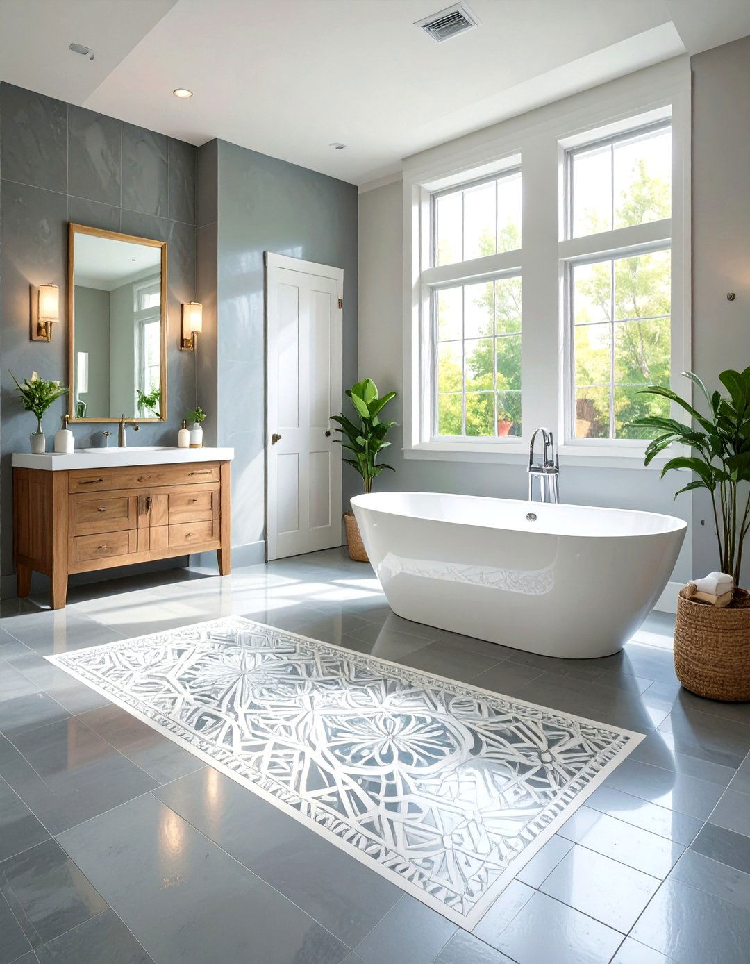 Unfinished Basement Bathroom with Painted Floor Stencils - 30 unfinished basement bathroom ideas
