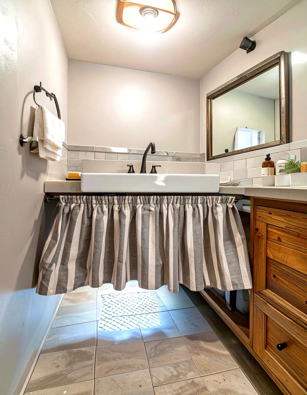 Unfinished Basement Bathroom with a Fabric Skirted Vanity - 30 unfinished basement bathroom ideas