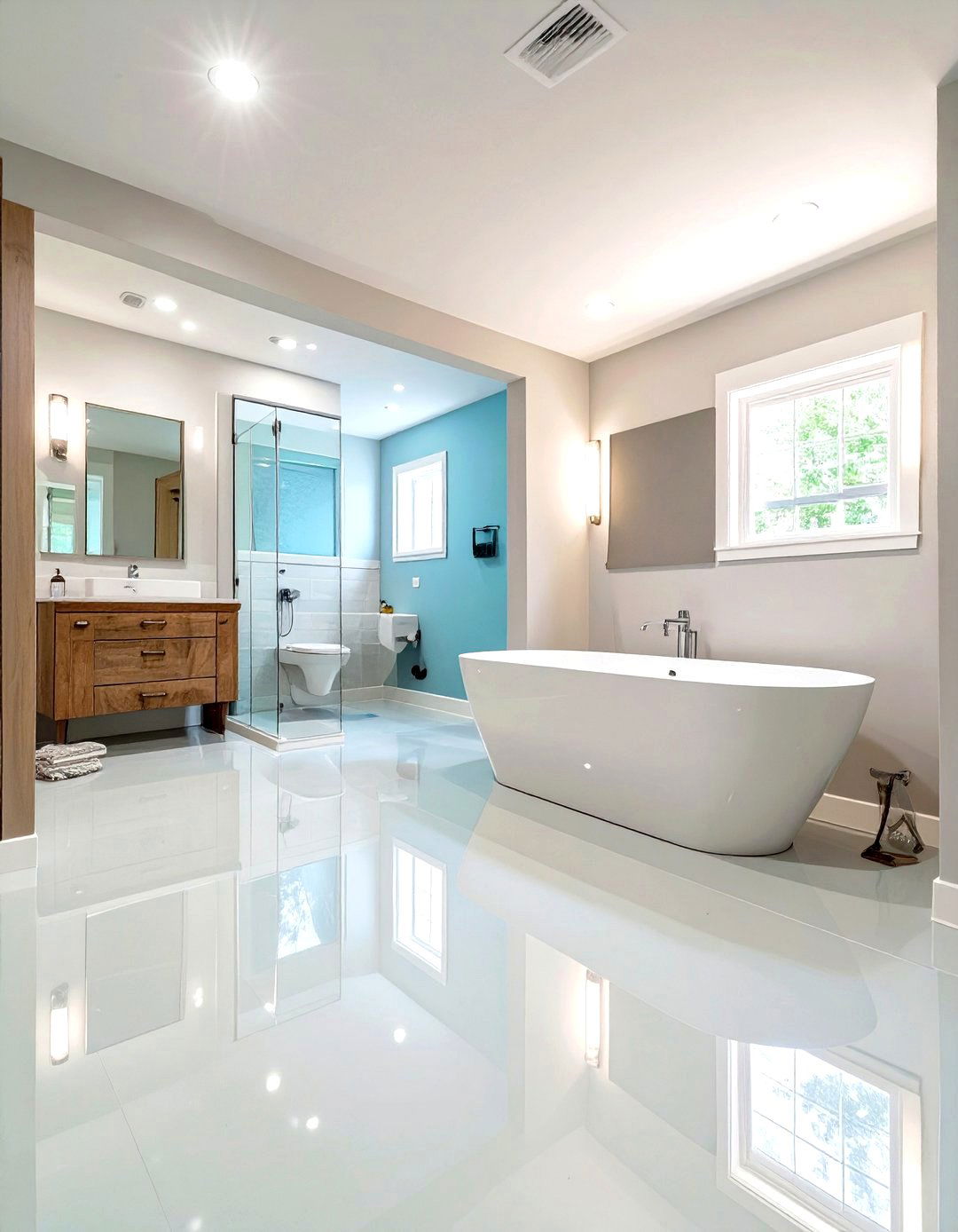 Unfinished Basement Bathroom with a High Gloss Epoxy Floor - 30 unfinished basement bathroom ideas