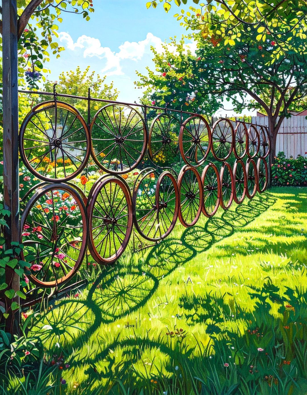 Upcycled Bicycle Wheel Fence - 30 small garden fence ideas