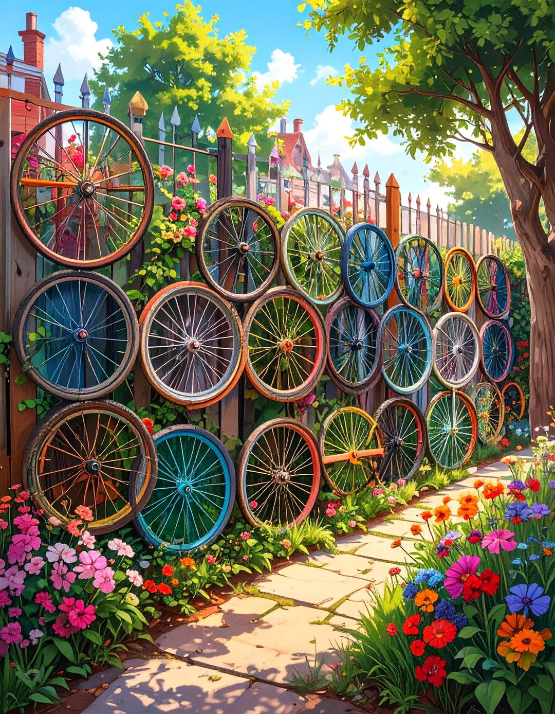 Upcycled Bicycle Wheel Fence - 30 low cost garden fence designs