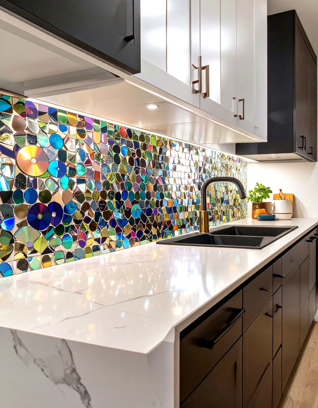 Upcycled CD Mosaic Backsplash - 30 cheap backsplash ideas