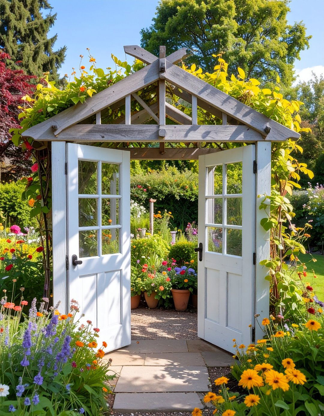 Upcycled Door and Window Frame Arbor - 30 budget diy backyard shade ideas