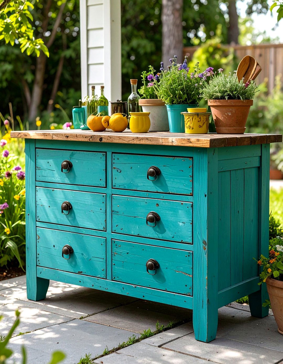 Upcycled Dresser Prep Table - 30 outdoor kitchen ideas on a budget