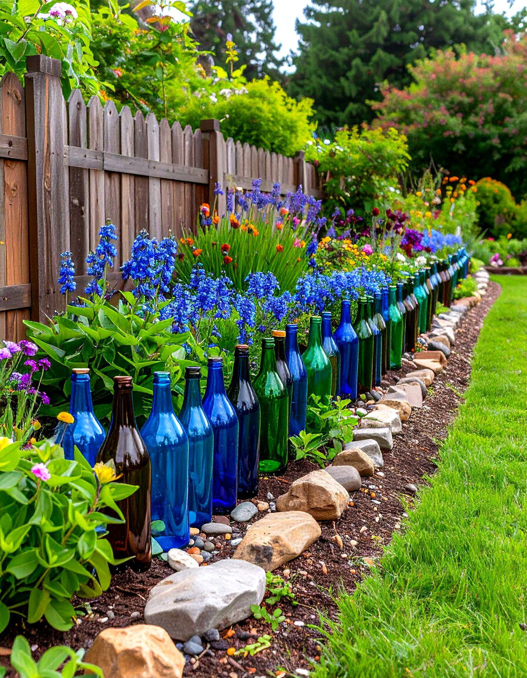 Upcycled Glass Bottle Border - 30 landscaping border ideas