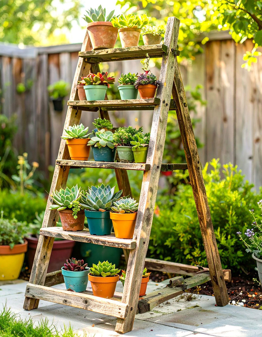 Upcycled Ladder Plant Stand for the Backyard - 30 simple backyard ideas