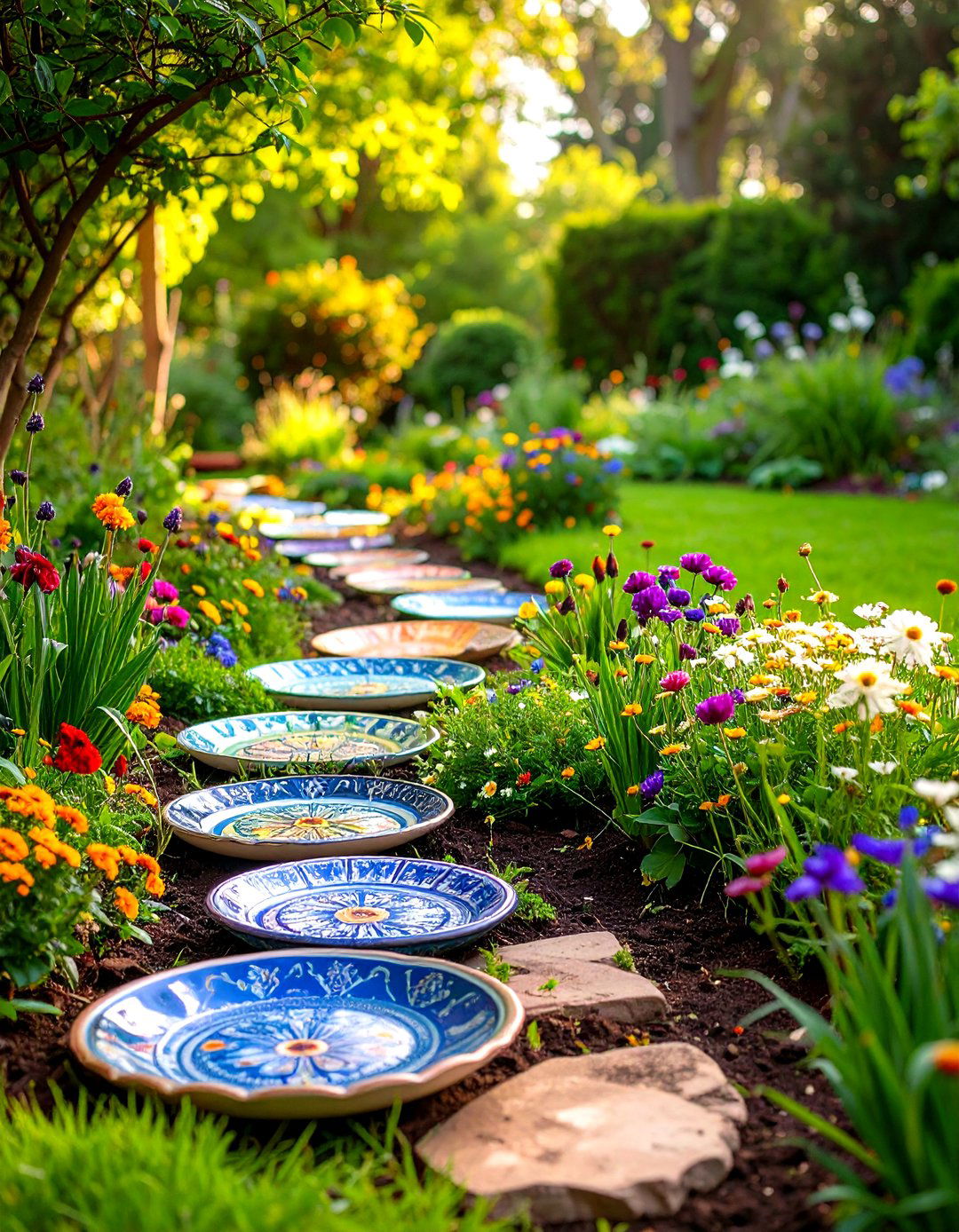 Upcycled Plate Lawn Edging - 30 lawn edging ideas