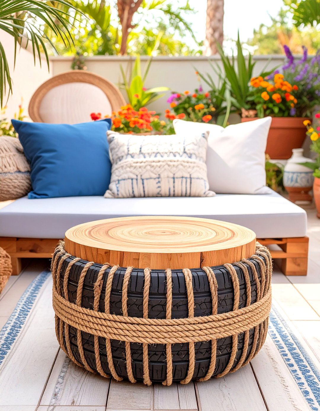 Upcycled Tire Ottoman for a Small Patio - 30 small patio ideas on a budget
