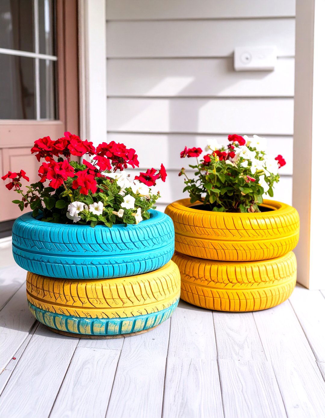 Upcycled Tire Planters for a Small Front Porch - 30 small front porch ideas on a budget
