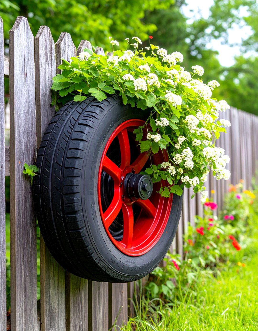 Upcycled Tire Rim Hose Storage - 30 garden hose storage ideas