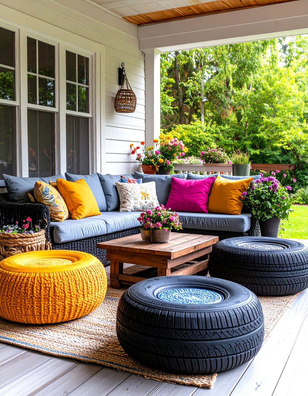 Upcycled Tire Seating Area - 30 enclosed porch ideas on a budget