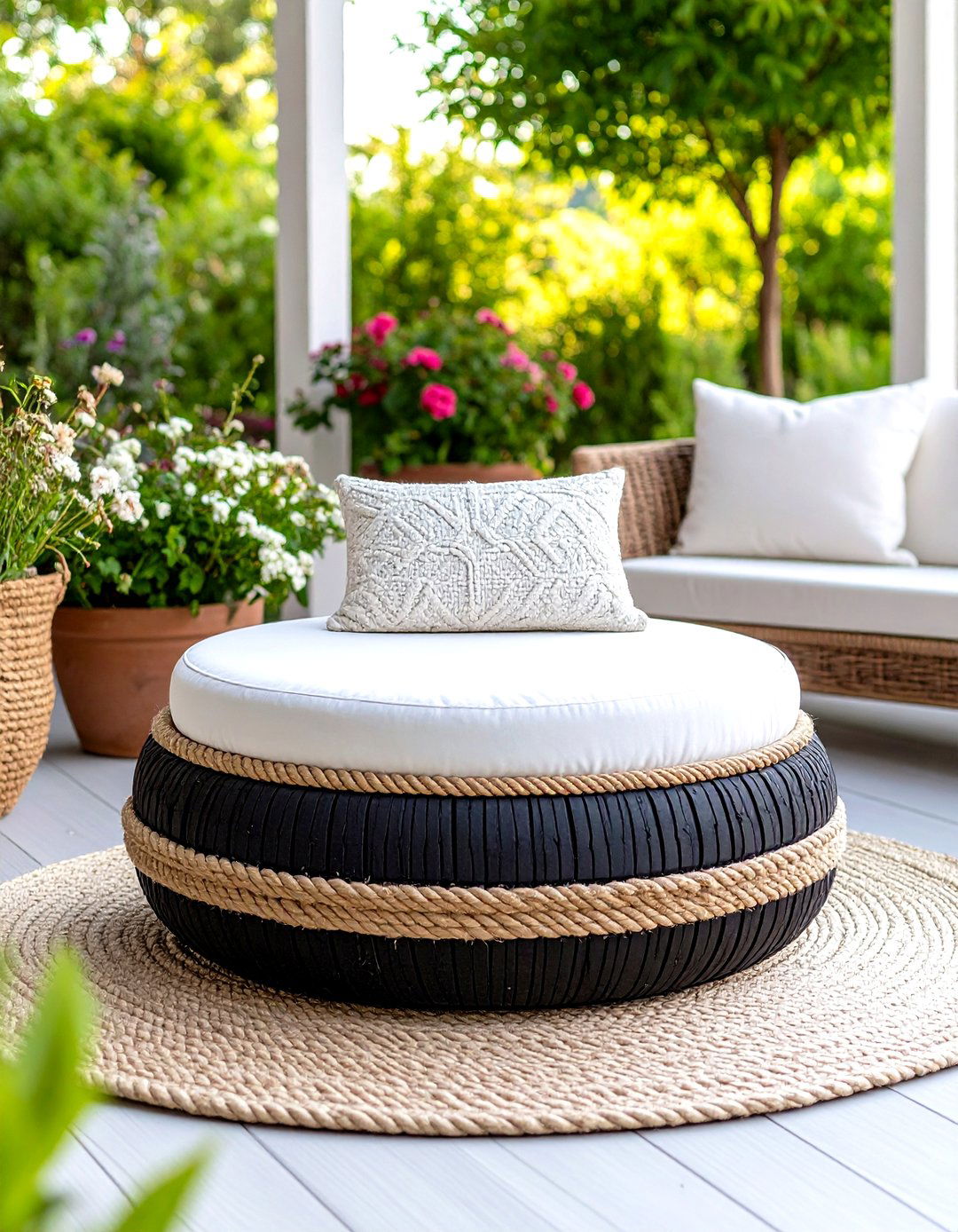 Upcycled Tire Seating - 30 patio decorating ideas on a budget