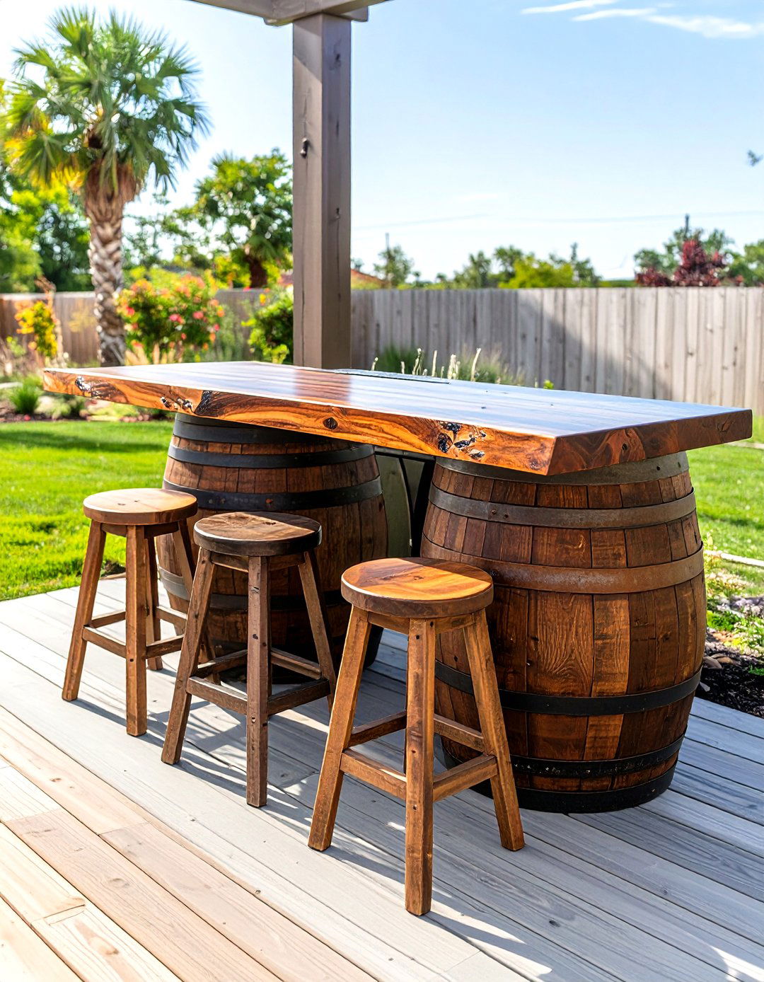 Upcycled Whiskey Barrel Outdoor Bar - 30 rustic outdoor bar ideas