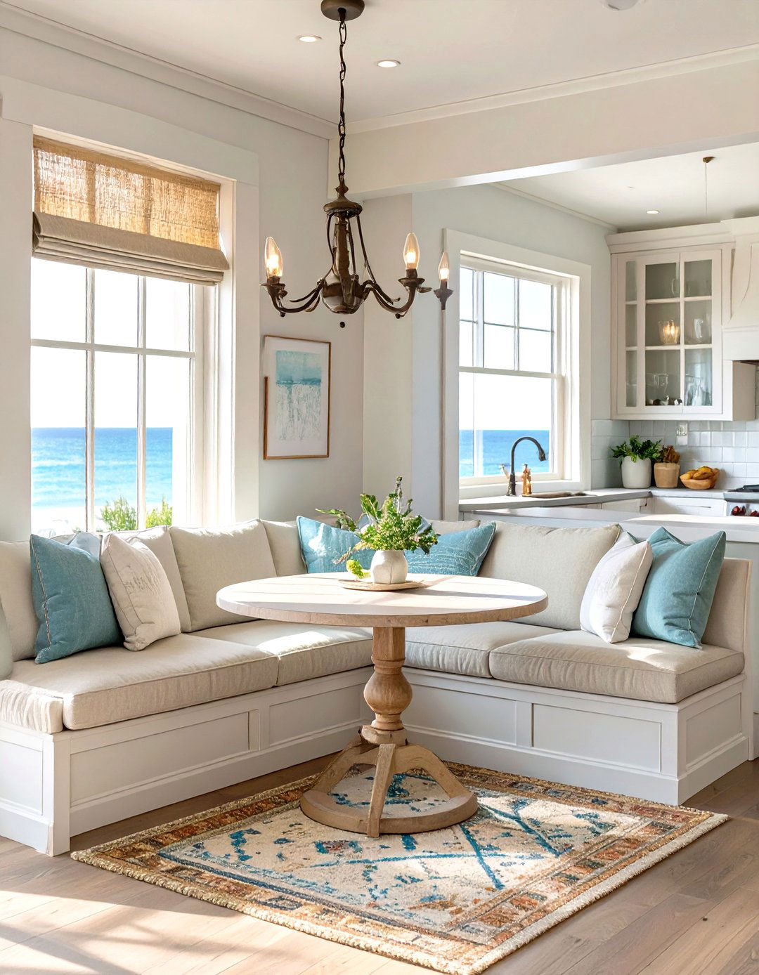 Upholstered Banquette Seating - 30 seaside coastal kitchen design ideas