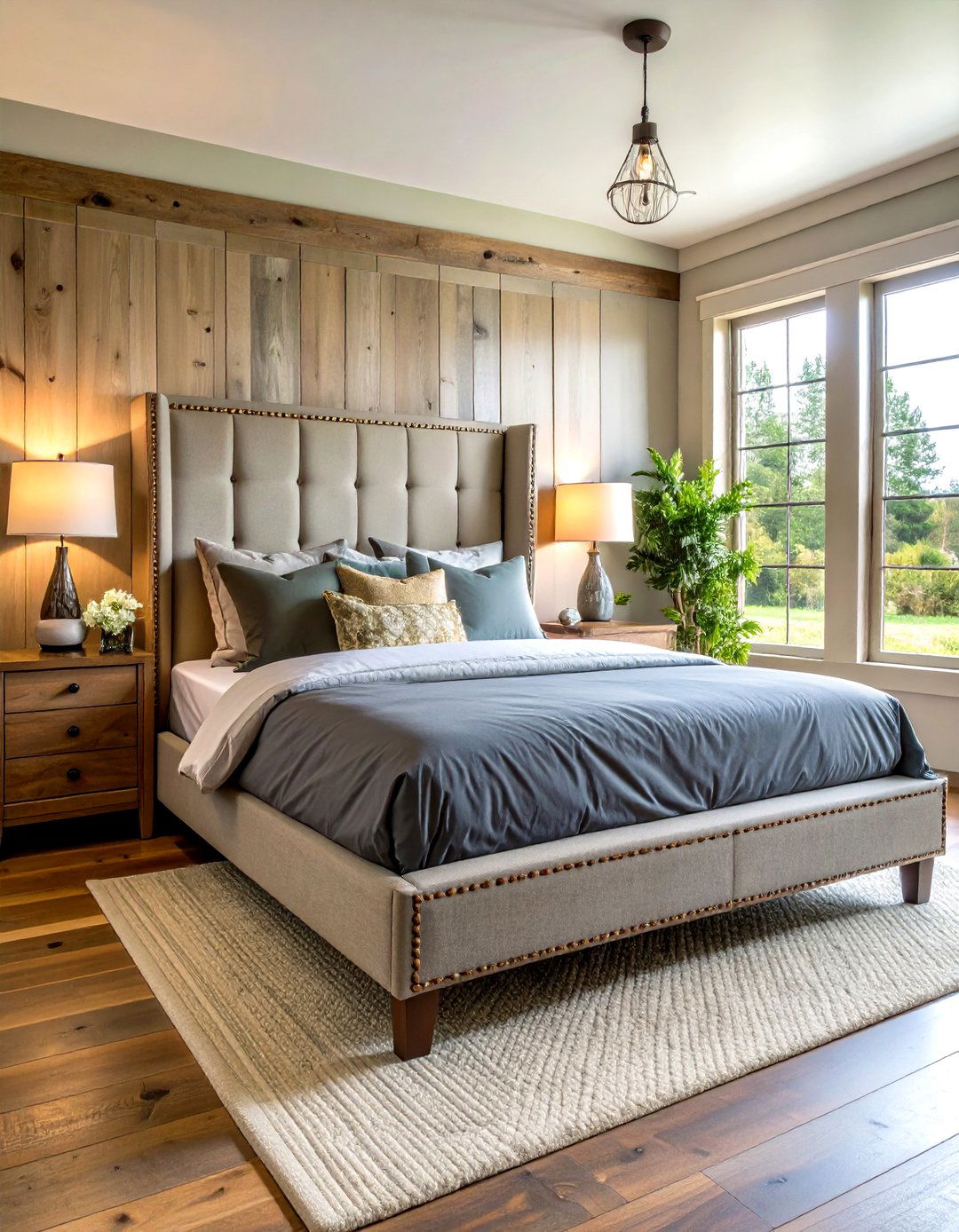 Upholstered Headboard with Nailhead Trim - 30 rustic farmhouse interior design ideas