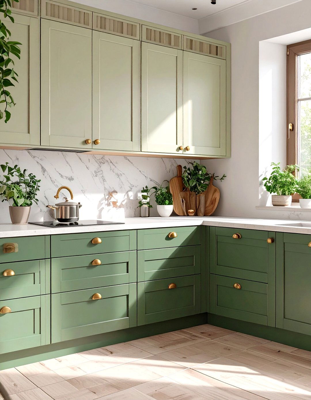 Upper and Lower Cabinets in Two Shades of Green - 30 two tone painted kitchen cabinet ideas