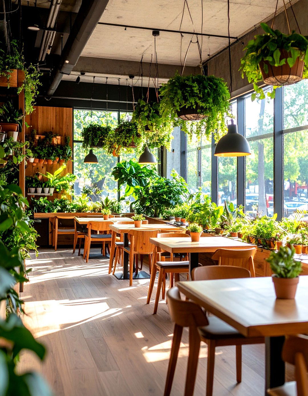 Urban Garden with Hanging Planters - 30 restaurant interior design ideas