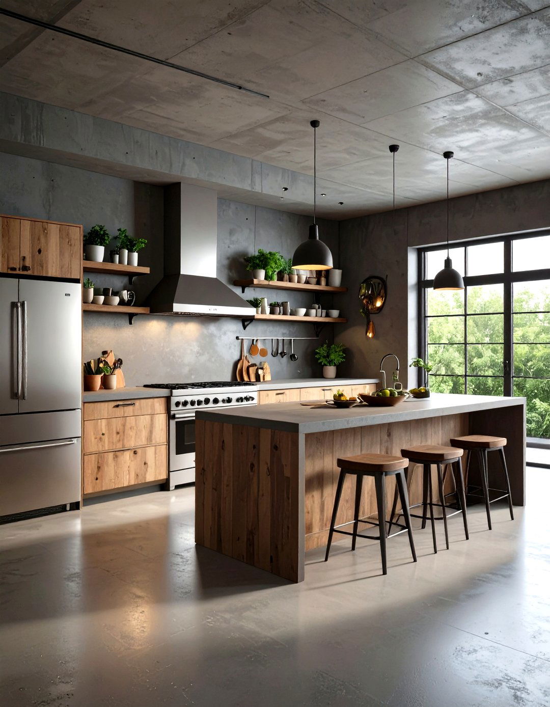 Urban Loft Kitchen with Concrete Walls - 30 kitchen wall decor ideas