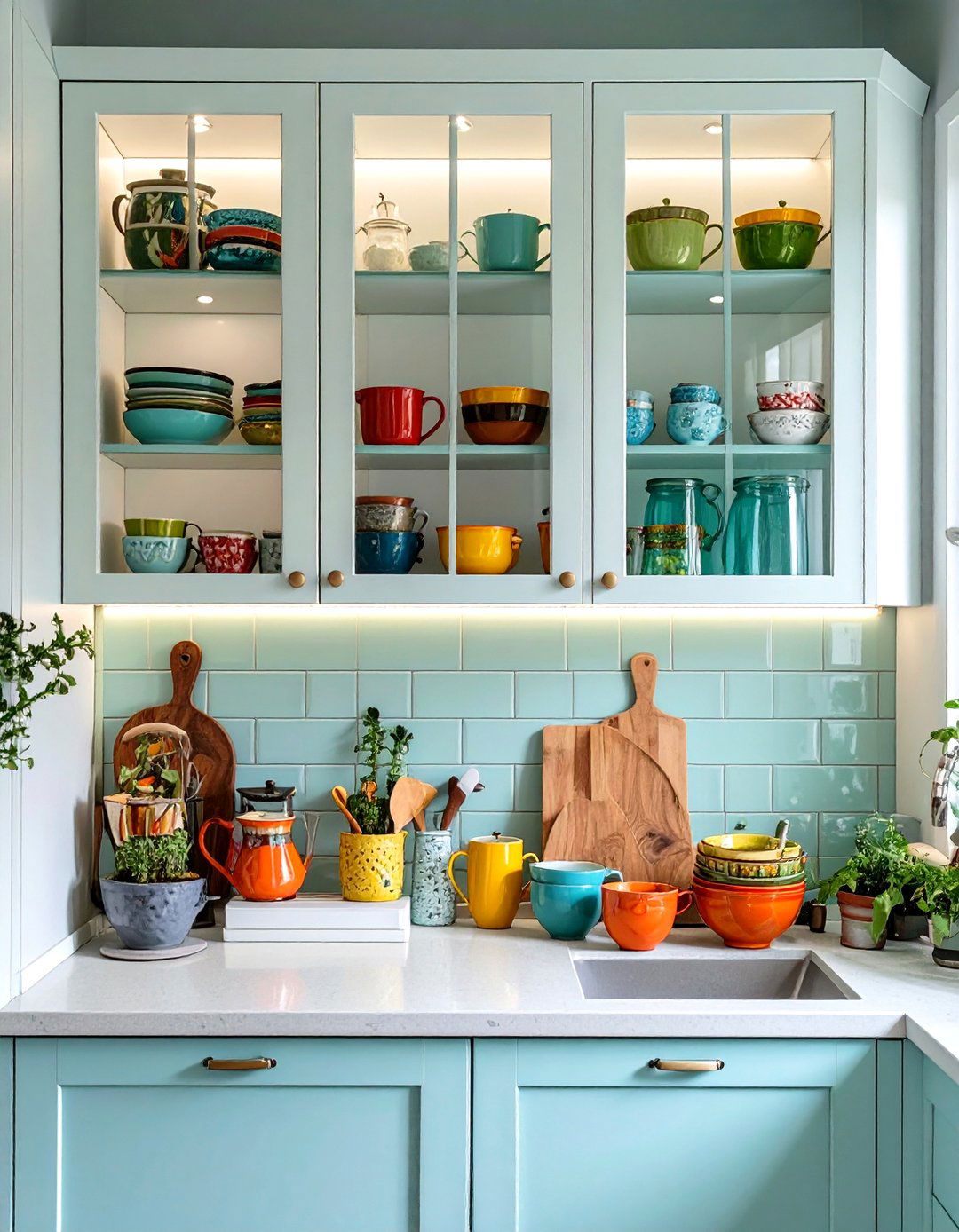 Use Glass Front Cabinet Doors - 30 small kitchen decorating ideas