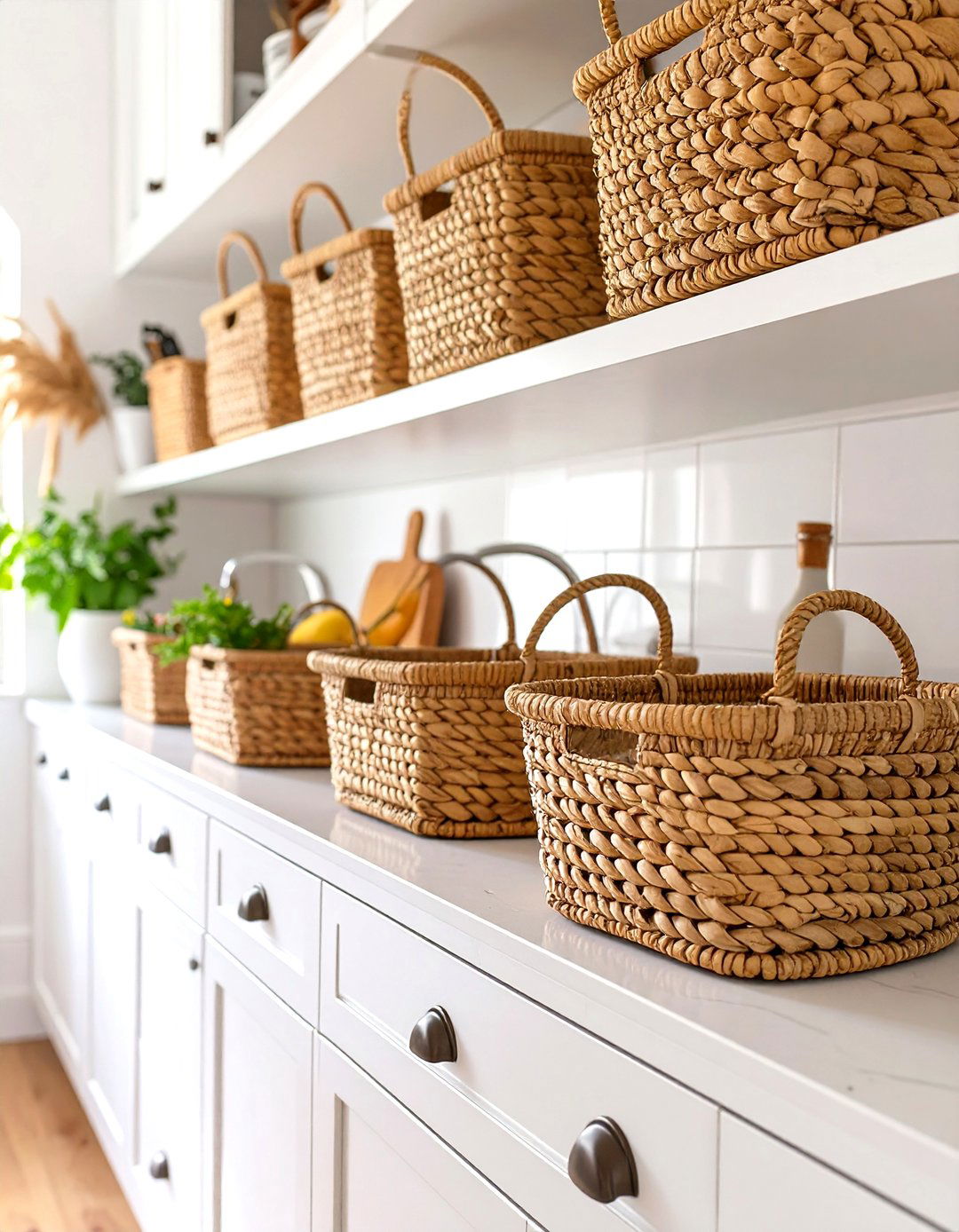 Use Matching Baskets for Upper Cabinet Storage - 30 small galley kitchen ideas on a budget
