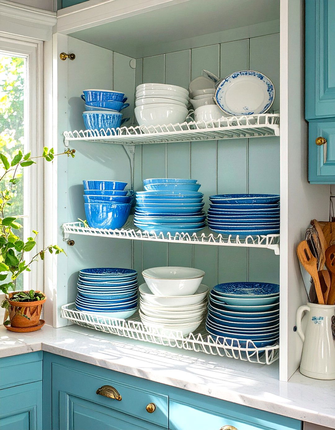 Use Risers to Double Shelf Space - 30 very small kitchen ideas on a budget