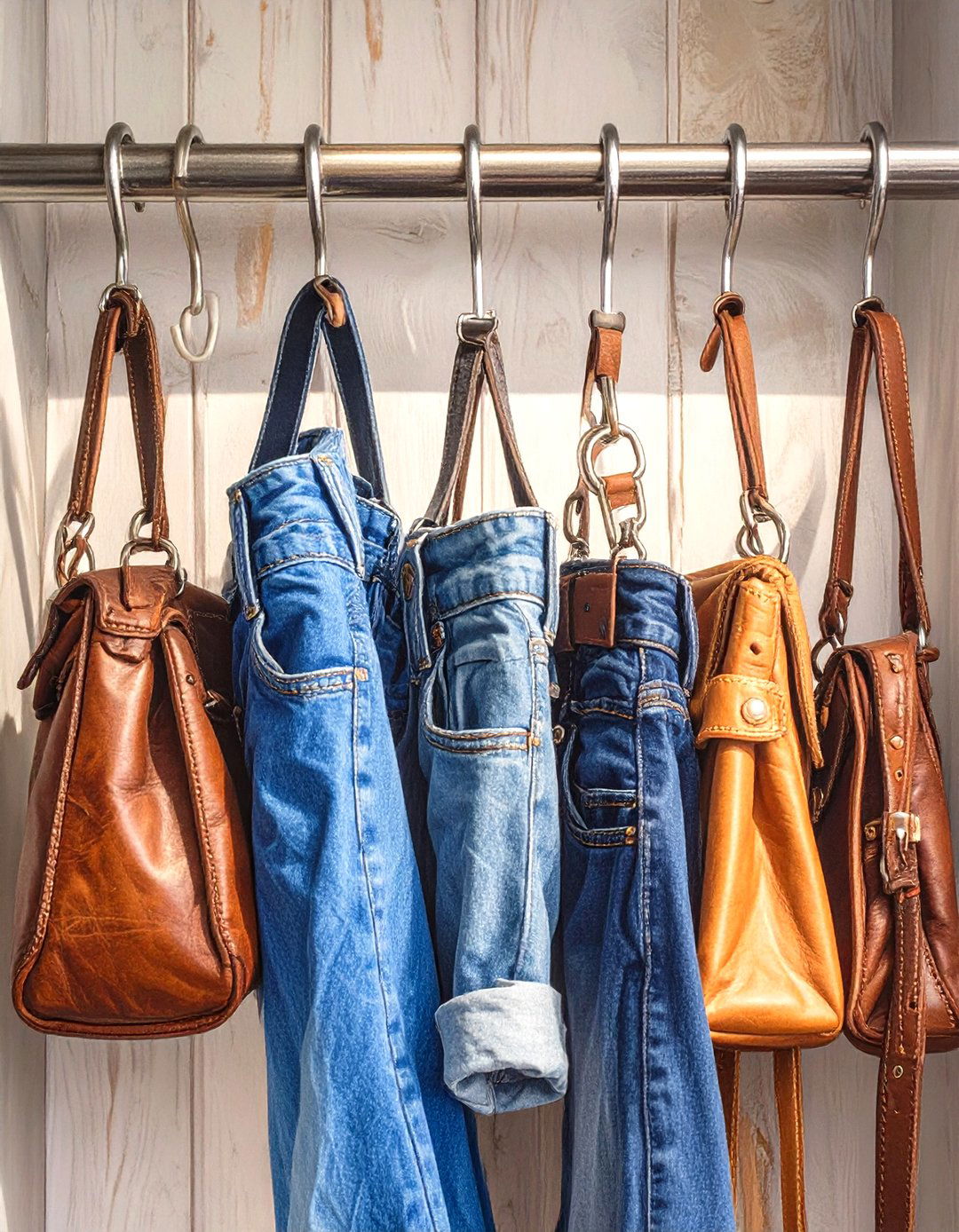 Use S Hooks for Hanging Jeans and Purses - 30 small closet organizer ideas