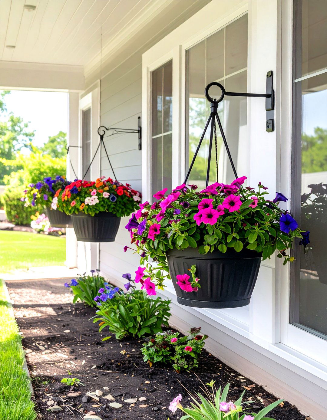 Use Shepherds Hooks for Hanging Plants - 30 screen porch ideas on a budget