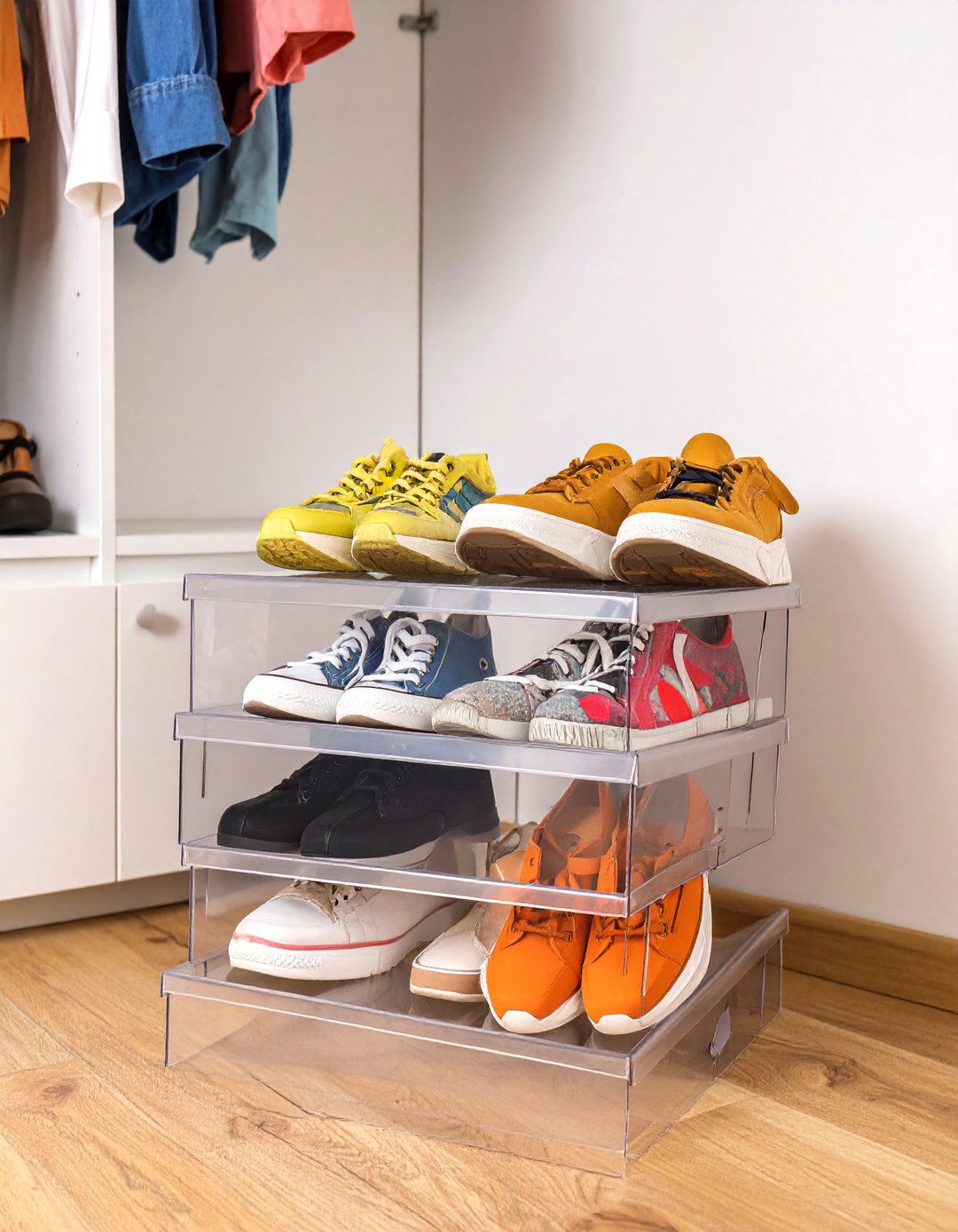 Use Stackable Shoe Boxes - 30 small closet organizer ideas