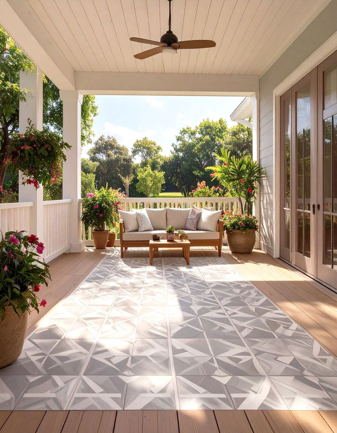Use Stencils to Decorate the Floor - 30 screen porch ideas on a budget