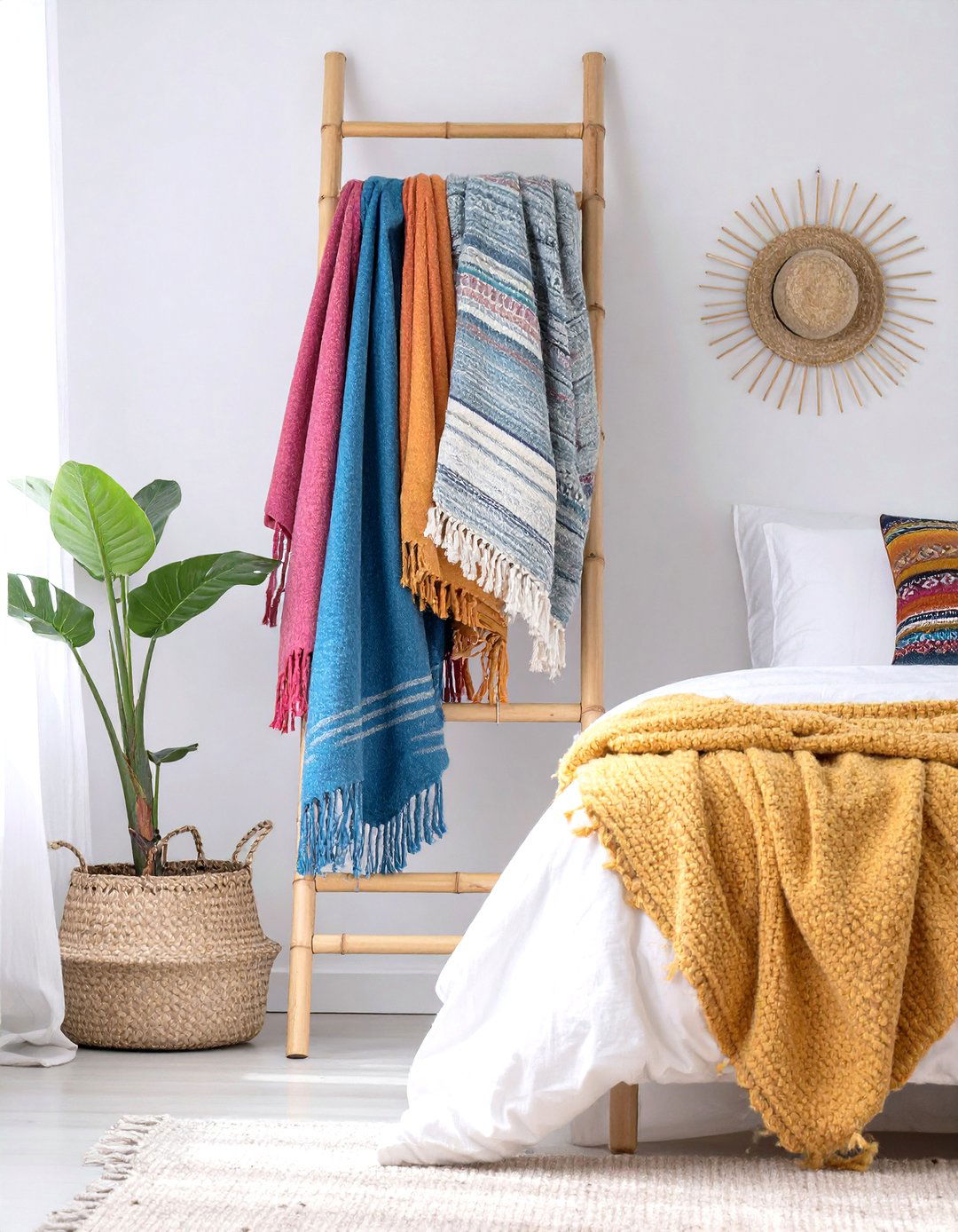 Use a Leaning Ladder for Blankets - 30 simple bedroom decorating ideas