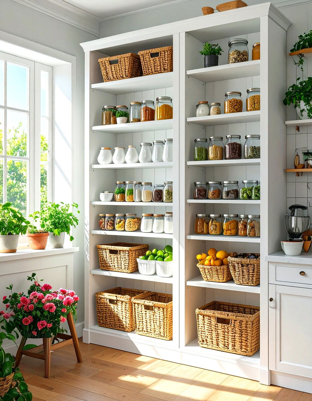 Use a Skinny Bookcase as a Pantry - 30 very small kitchen ideas on a budget
