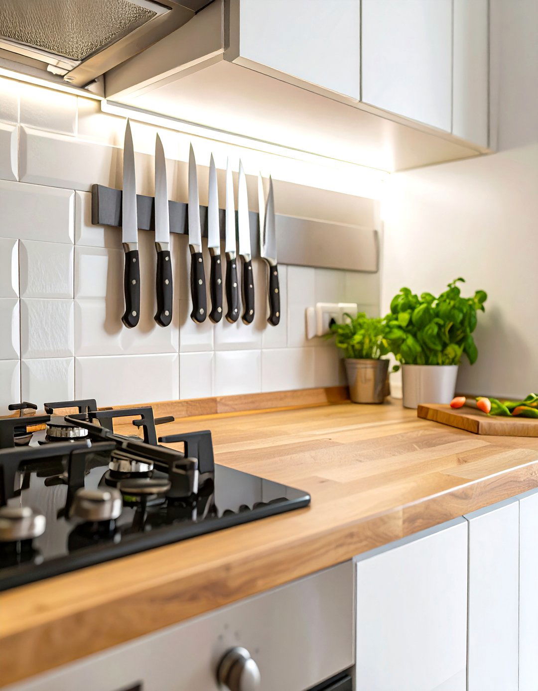 Use a Wall Mounted Magnetic Knife Strip - 30 small kitchen decorating ideas