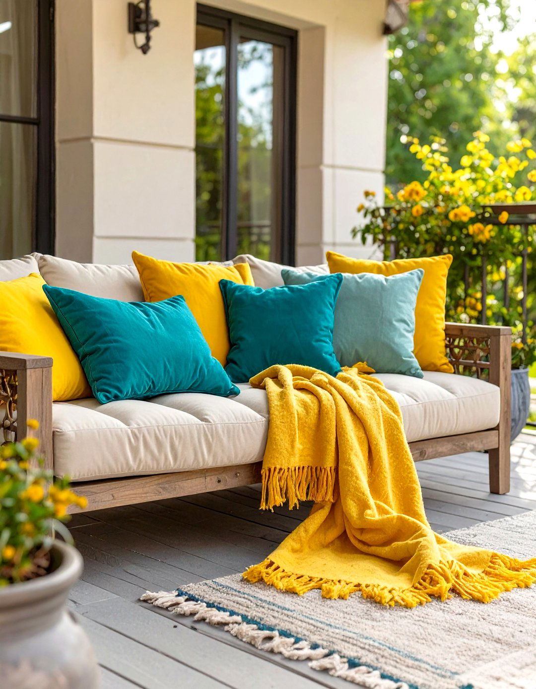 Use of Brightly Colored Accent Pieces - 30 small outdoor patio ideas