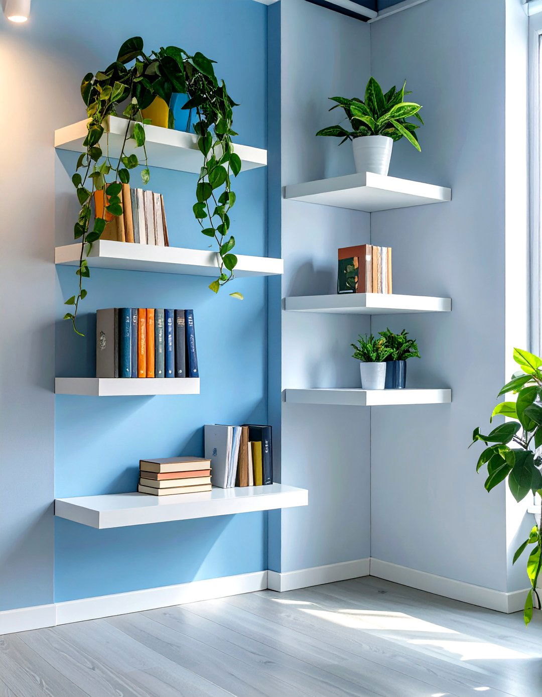Use of Floating Corner Shelves - 30 small office decor ideas