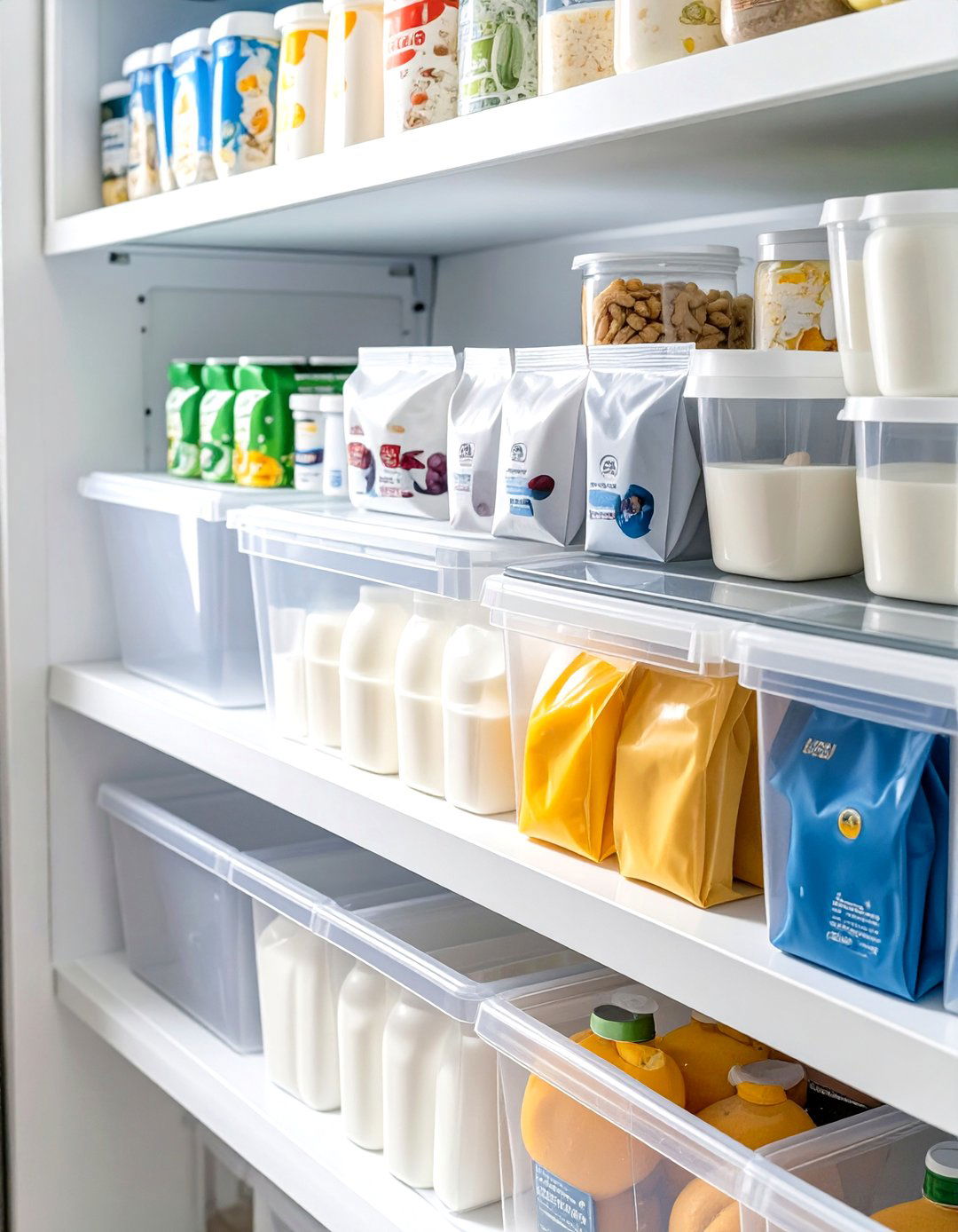 Using Clear Fridge Bins on Shelves - 30 small pantry organization ideas