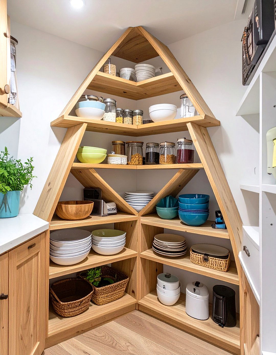 Using Corner Shelves Effectively - 30 small walk-in pantry ideas