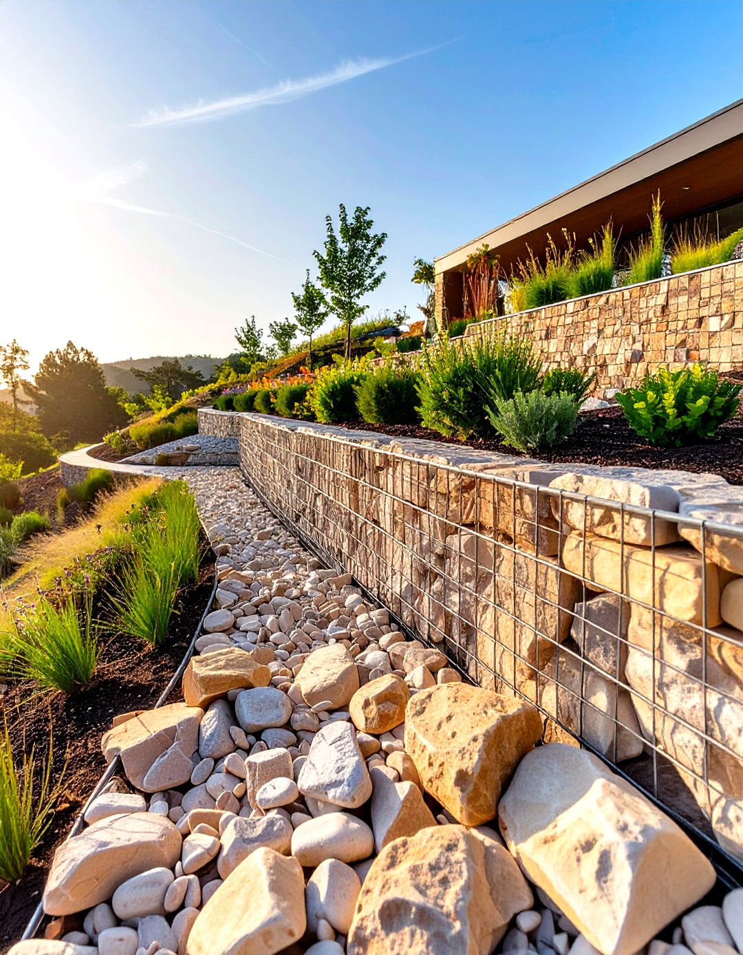 Using Gabion Baskets Filled with Rocks - 30 steep hillside landscaping ideas on a budget